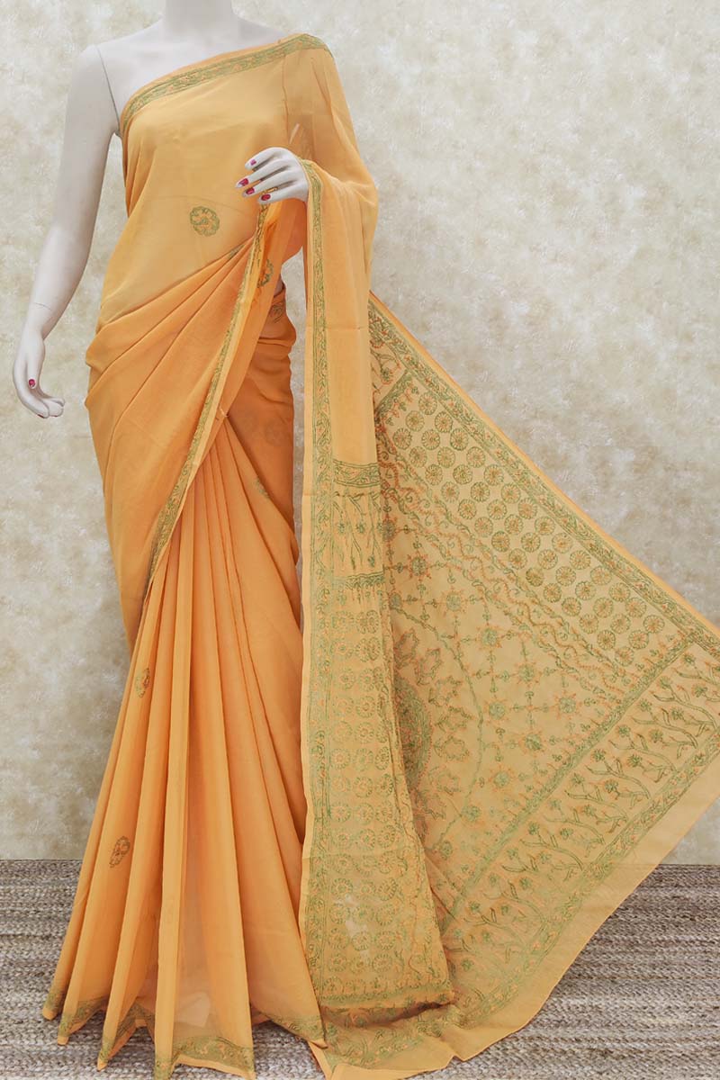 Orange Colour Designer Hand Embroidered Lucknowi Chikankari Saree ( With Blouse - Georgette ) Mc251451